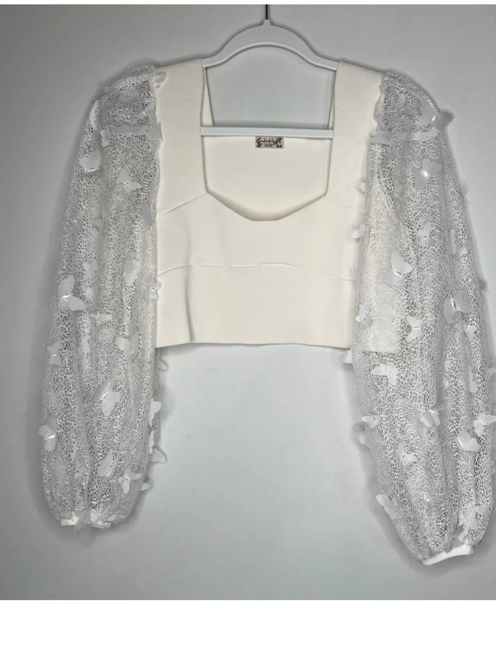 Free People White FlutterBy Flutter Crop long sleeve Butterfly Lace Crochet